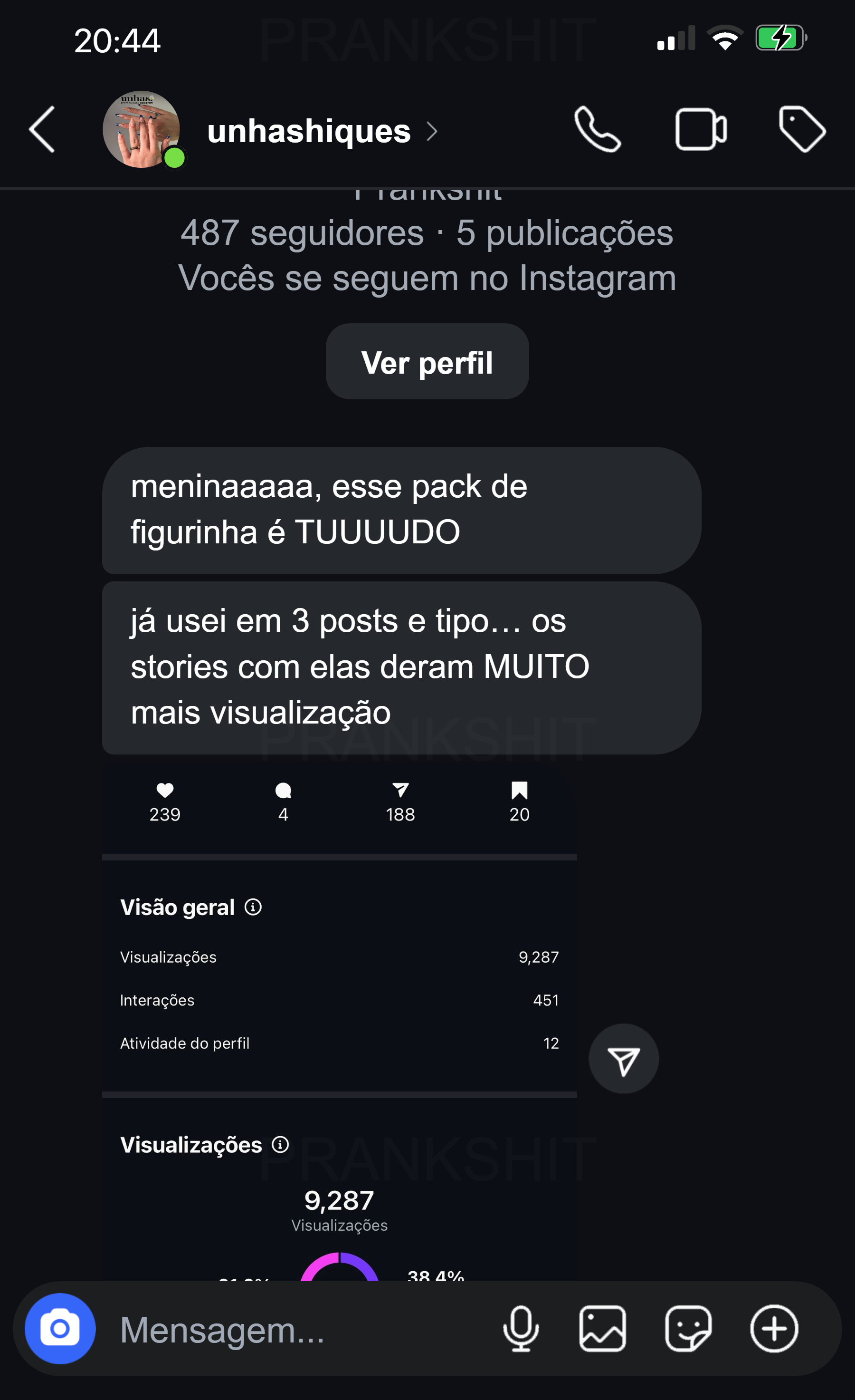 Depoimento sobre pack de figurinhas no Instagram